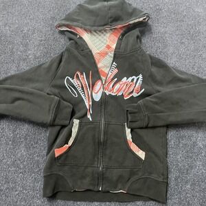 Volcom Hoodie Youth Medium Black Full Zip Plaid Lined Hood Logo Skate Sweatshirt